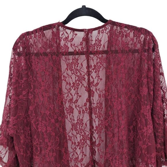 Time and Tru Lace Cardigan Maroon Wine L-XL Peplum Ruffle Bell 3/4 Sleeve Tunic - Picture 9 of 12